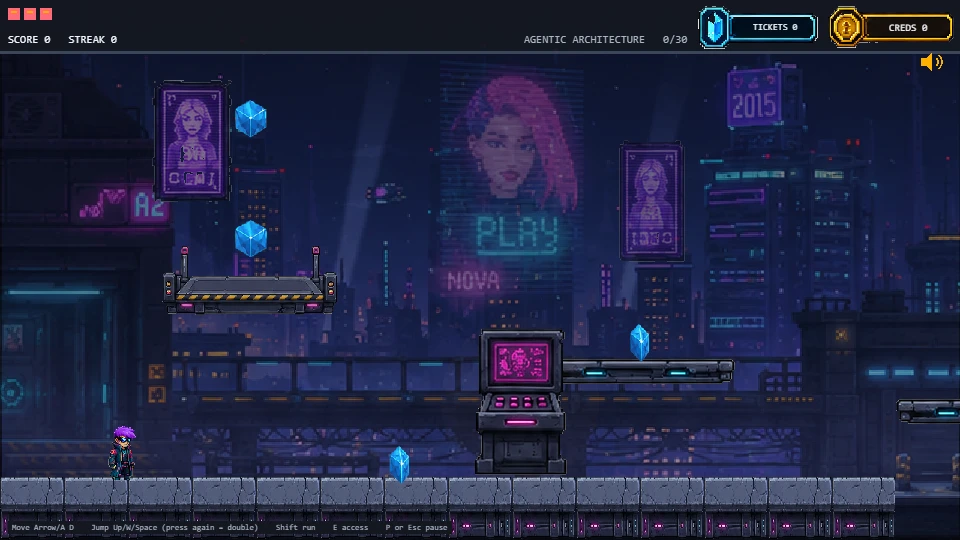 A stage from Runner: a pixel-art runner on a neon rooftop beside a question terminal, with a cyberpunk city behind.